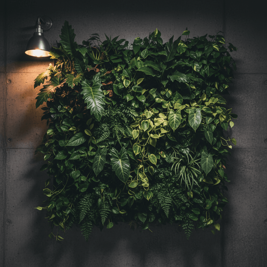 Indoor vertical garden installation in corporate hallway with layered greenery