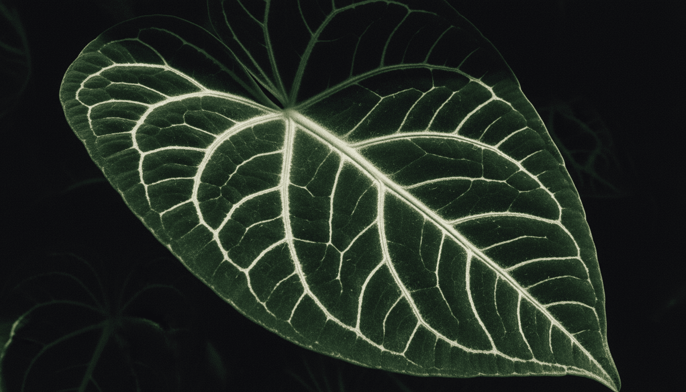 Anthurium Crystallinum leaf extreme close-up showing silver veins on dark green velvet surface