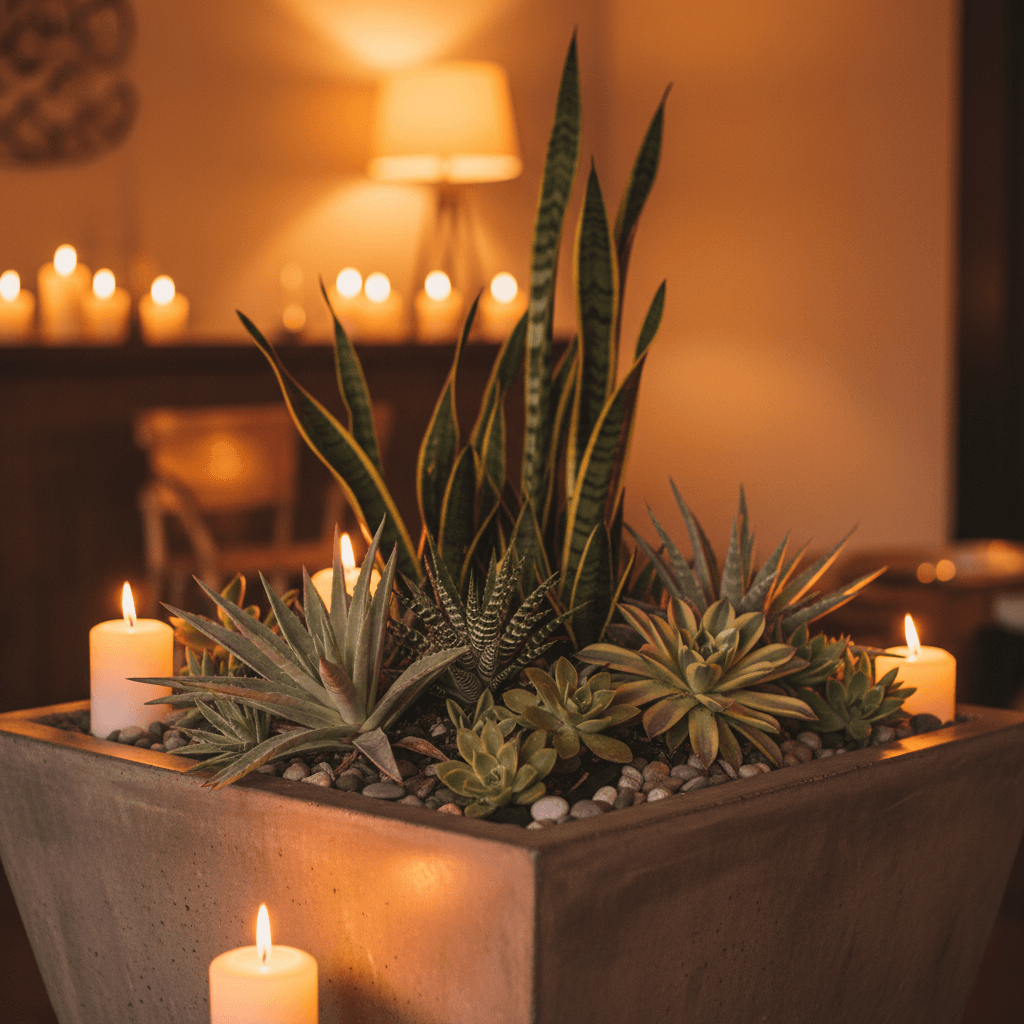 Reception desk with geometric planter containing succulents and snake plants