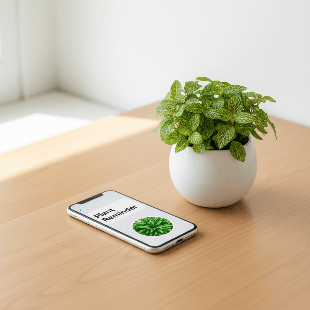 Smartphone with a plant care notification on a wooden desk