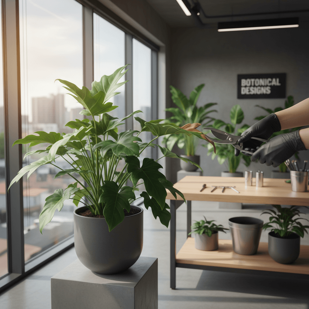 Pruning shears cutting a dried leaf tip from a healthy green indoor plant