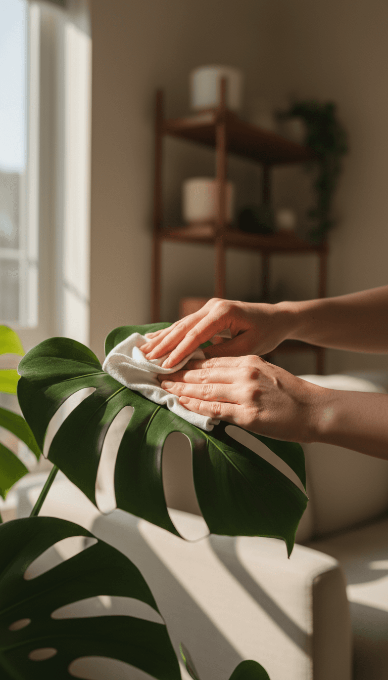 Hands gently cleaning a Monstera leaf in a bright Ottawa living room