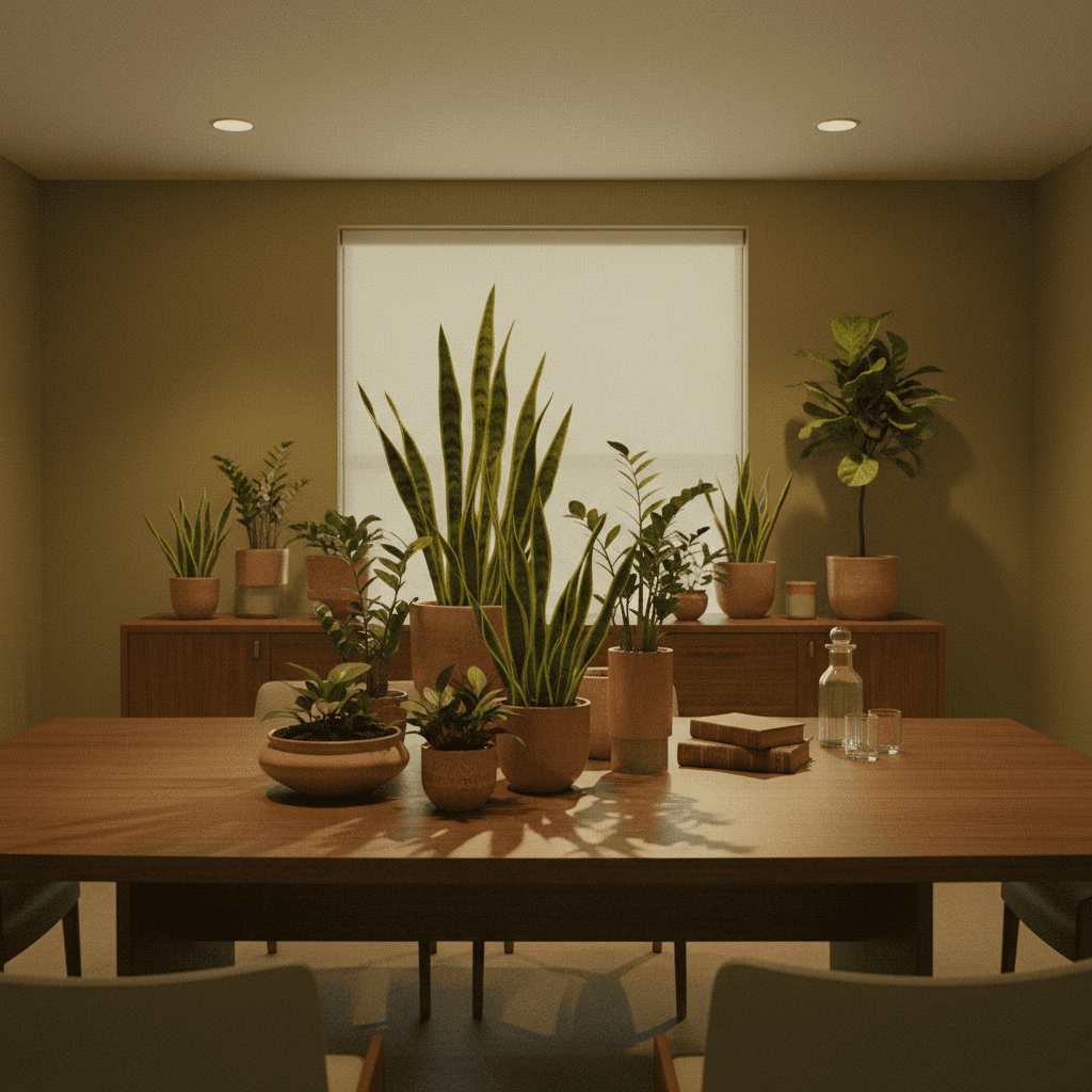 Curated plant cluster staging in a meeting room with snake and ZZ plants