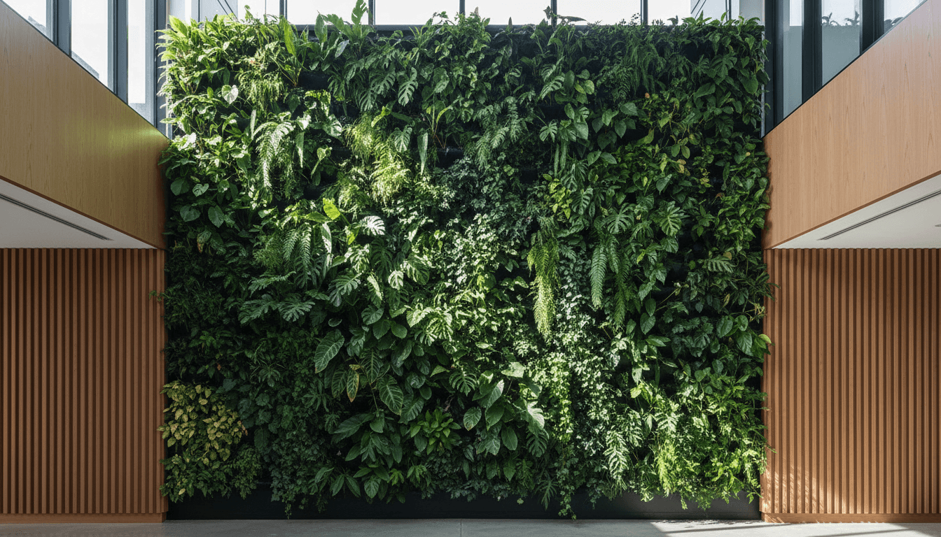 A tall living wall installation in a sunlit corporate lobby with layered green foliage and a wooden accent wall