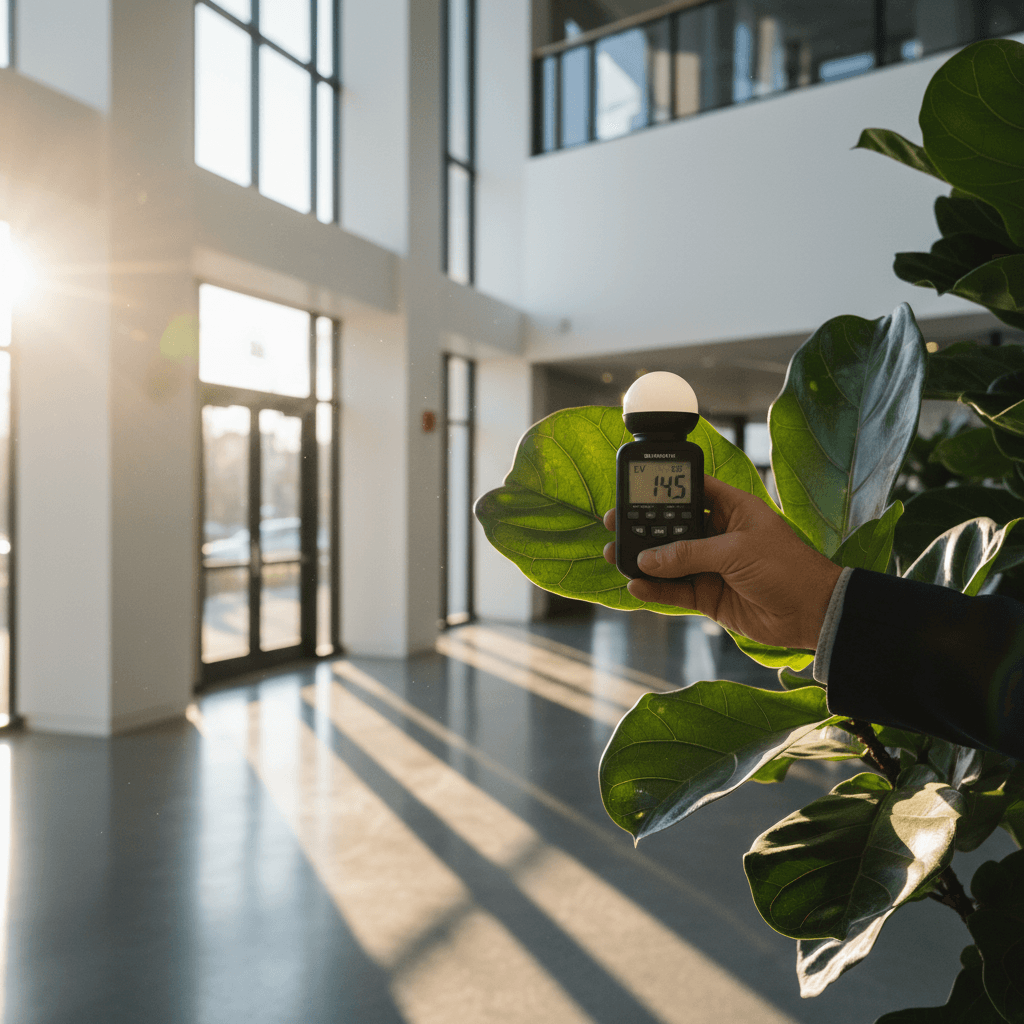 Hand using a digital light meter next to a Fiddle Leaf Fig in a sunlit lobby