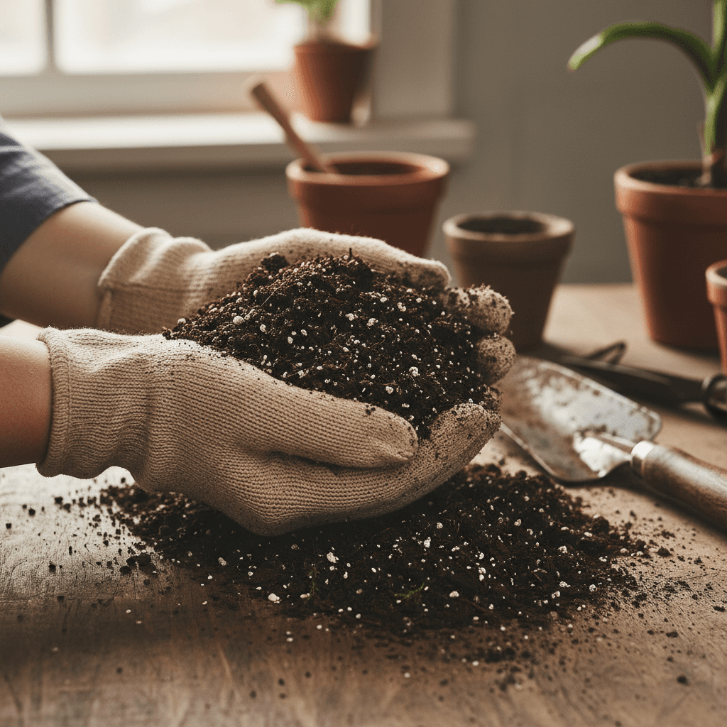Hands holding rich potting soil with perlite on a wooden table