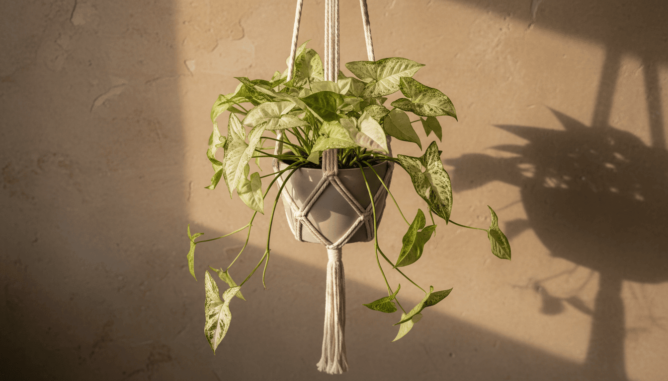 Syngonium Albo Variegata plant trailing from a macrame planter, top-down view showing leaf shapes
