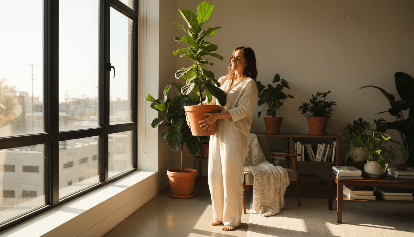 Person holding a healthy potted plant in a sunlit room
