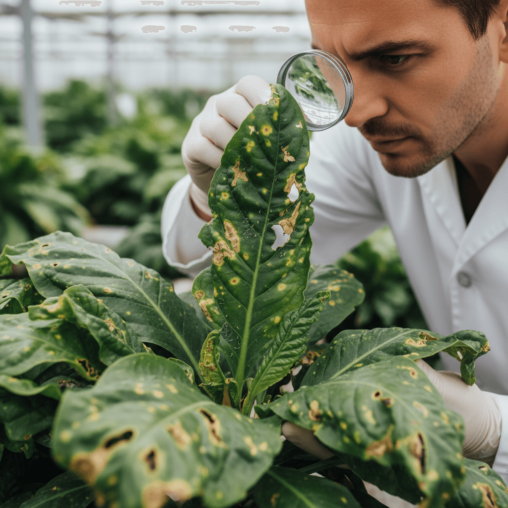 Examining a houseplant leaf for pest damage