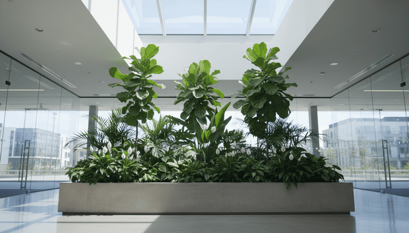 Modern Ottawa office lobby with tropical plants in planter boxes under skylight