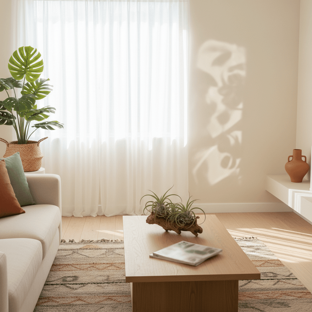 Staged residential living room with air plants and monstera in natural light