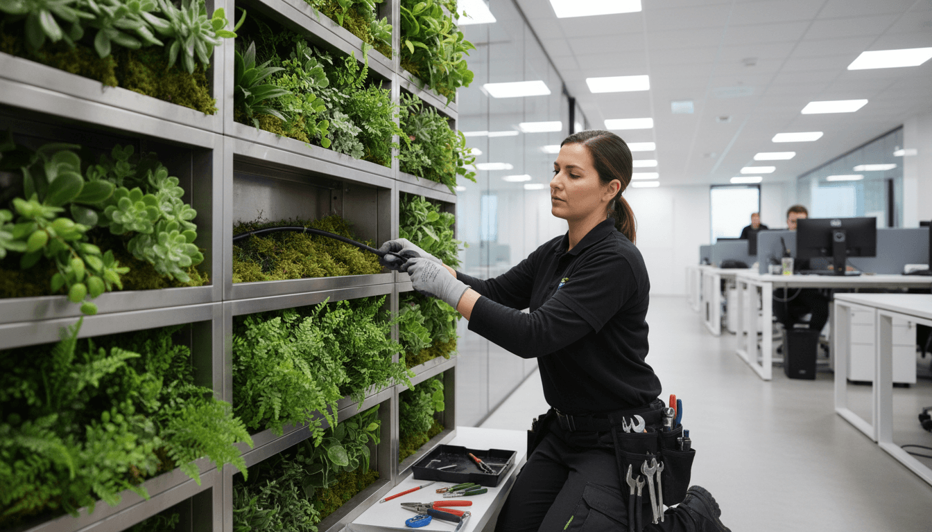 Horticulturist installing irrigation line inside a green wall frame in a modern office