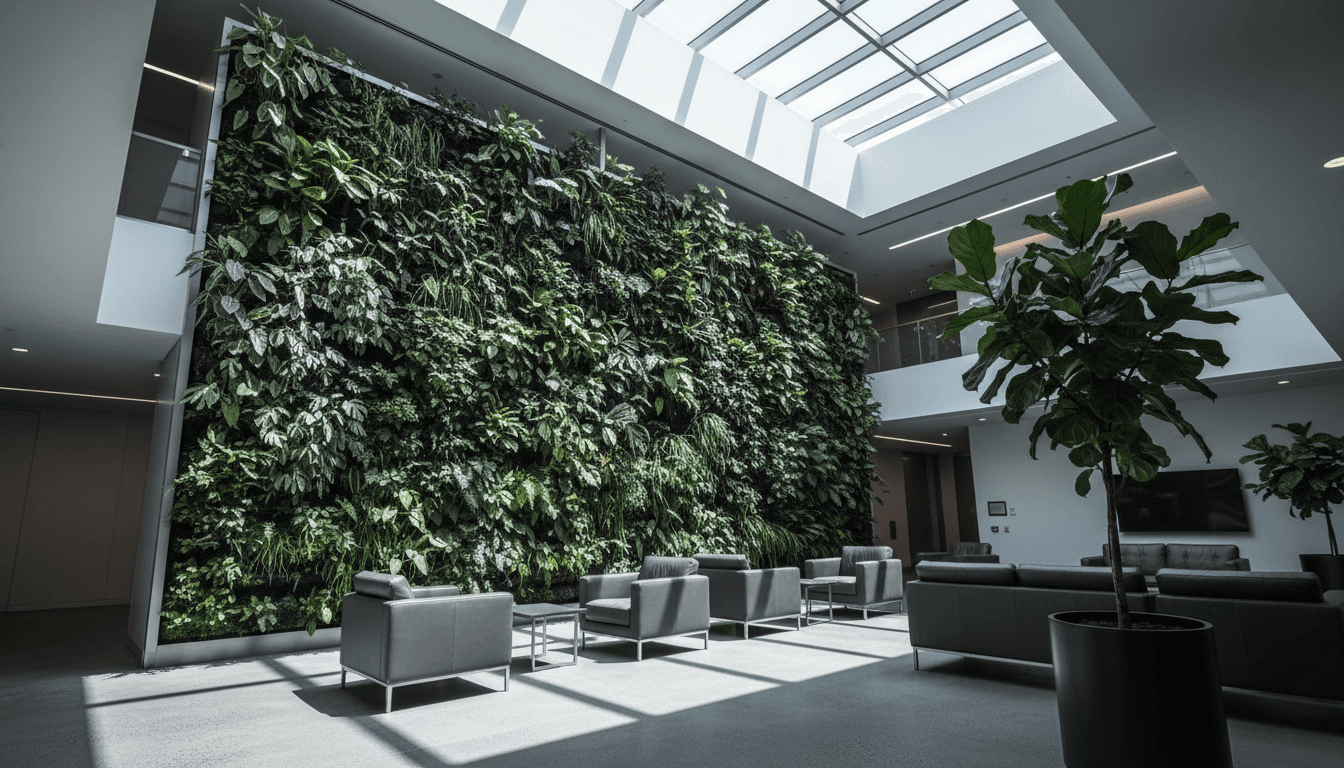 A corporate lobby with a large, lush living wall and a ficus tree in a modern planter, bathed in natural light