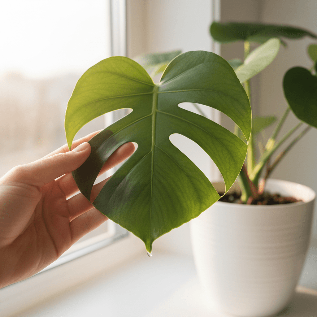 Close-up of hand inspecting underside of a Monstera leaf under natural window light