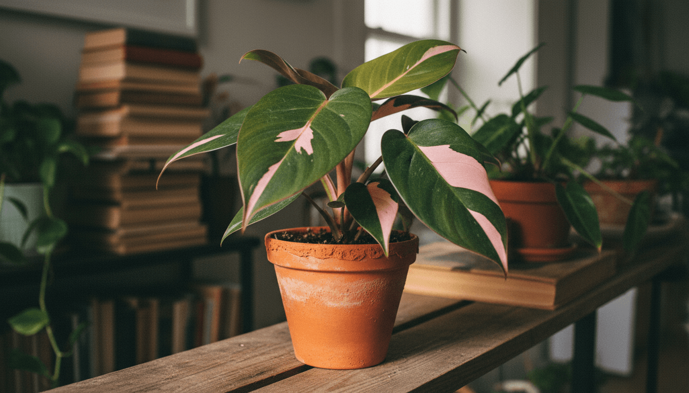 Philodendron Pink Princess plant with dark leaves and bright pink variegation on a wooden shelf