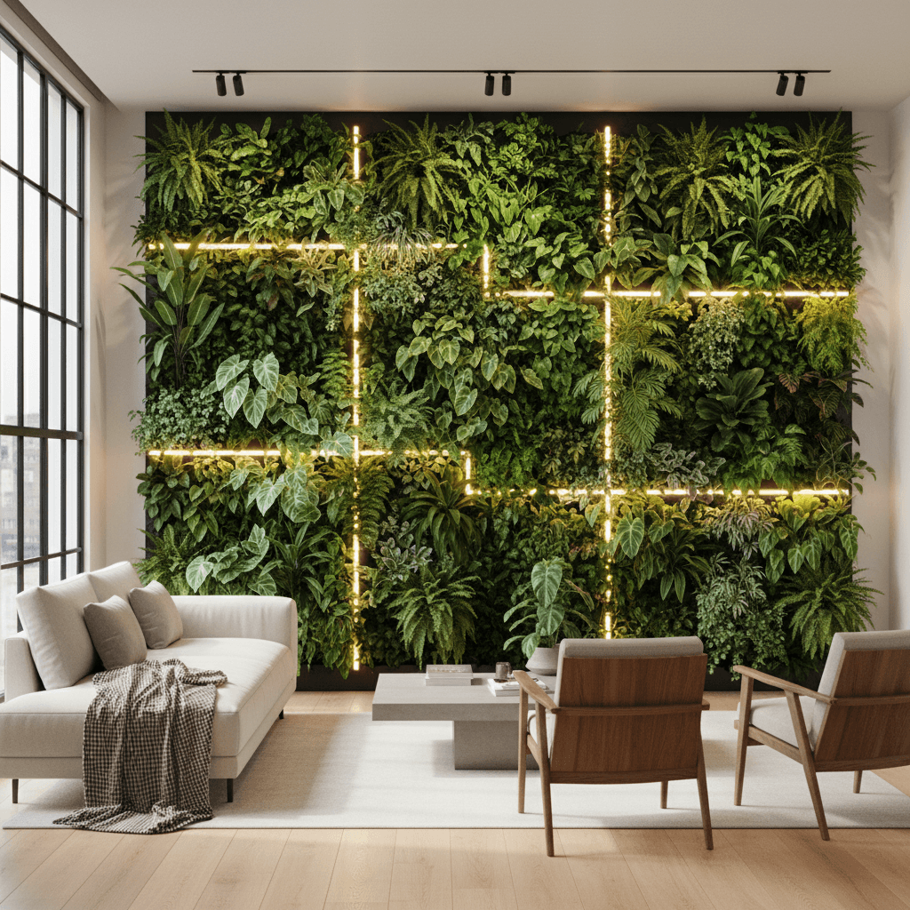 Green living wall installation in a modern interior