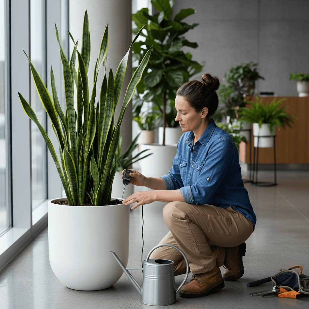 Plant care technician checking moisture level of office snake plant during maintenance visit