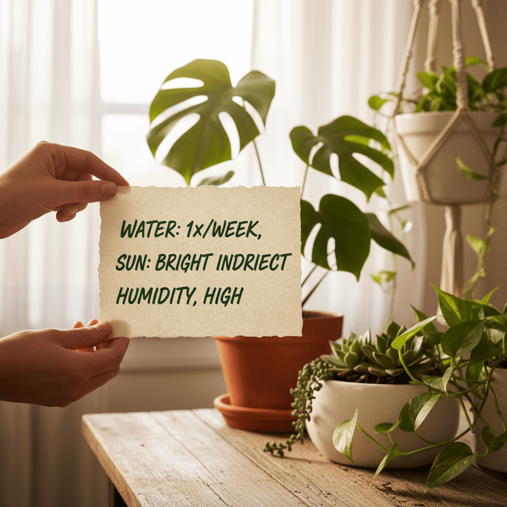A handwritten plant care card beside potted plants