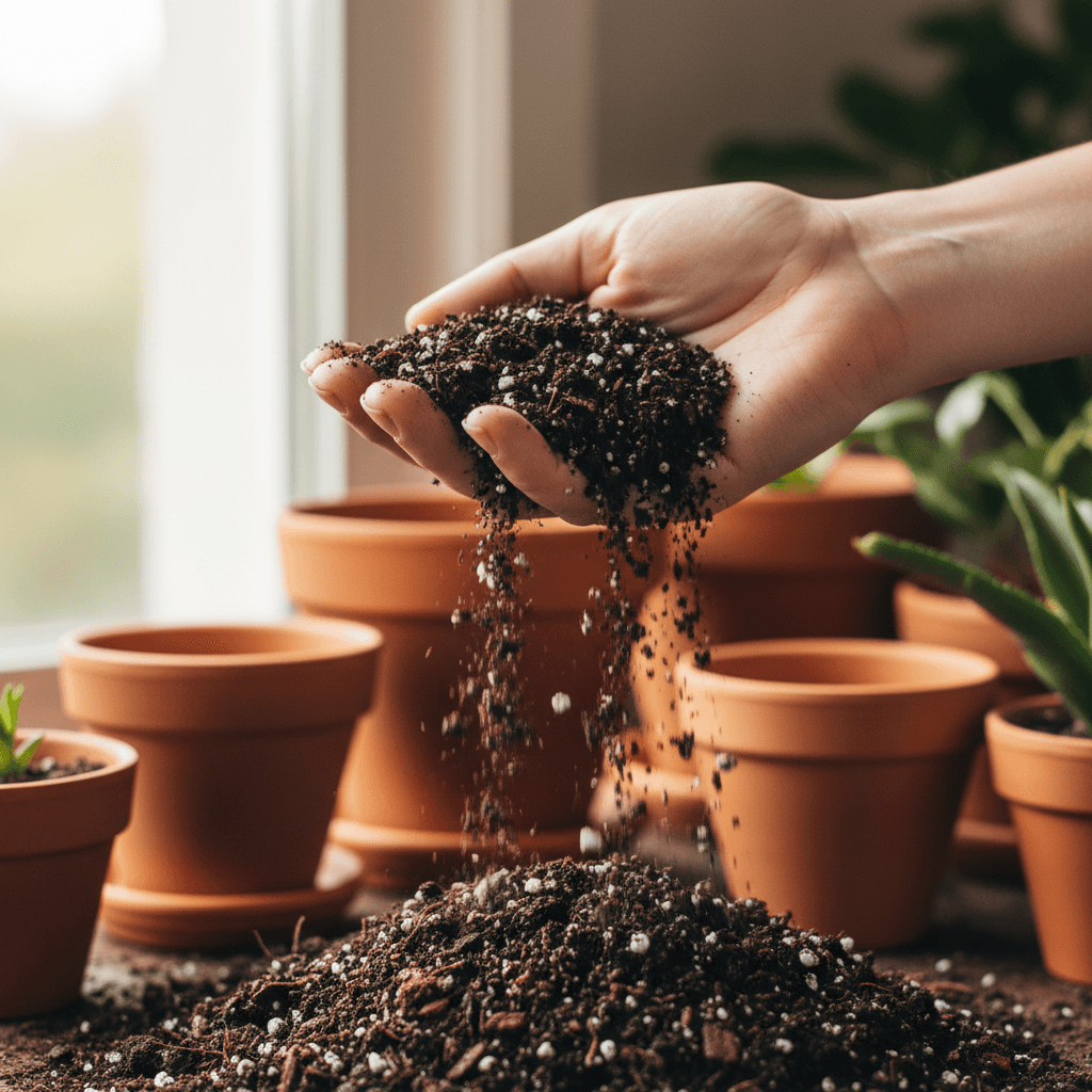 Hand sifting dark rich potting soil with visible organic texture