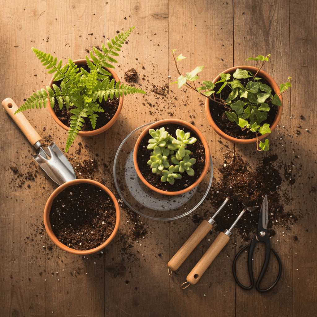 Overhead view of three plants in terra cotta pots on a wooden workbench with soil and tools