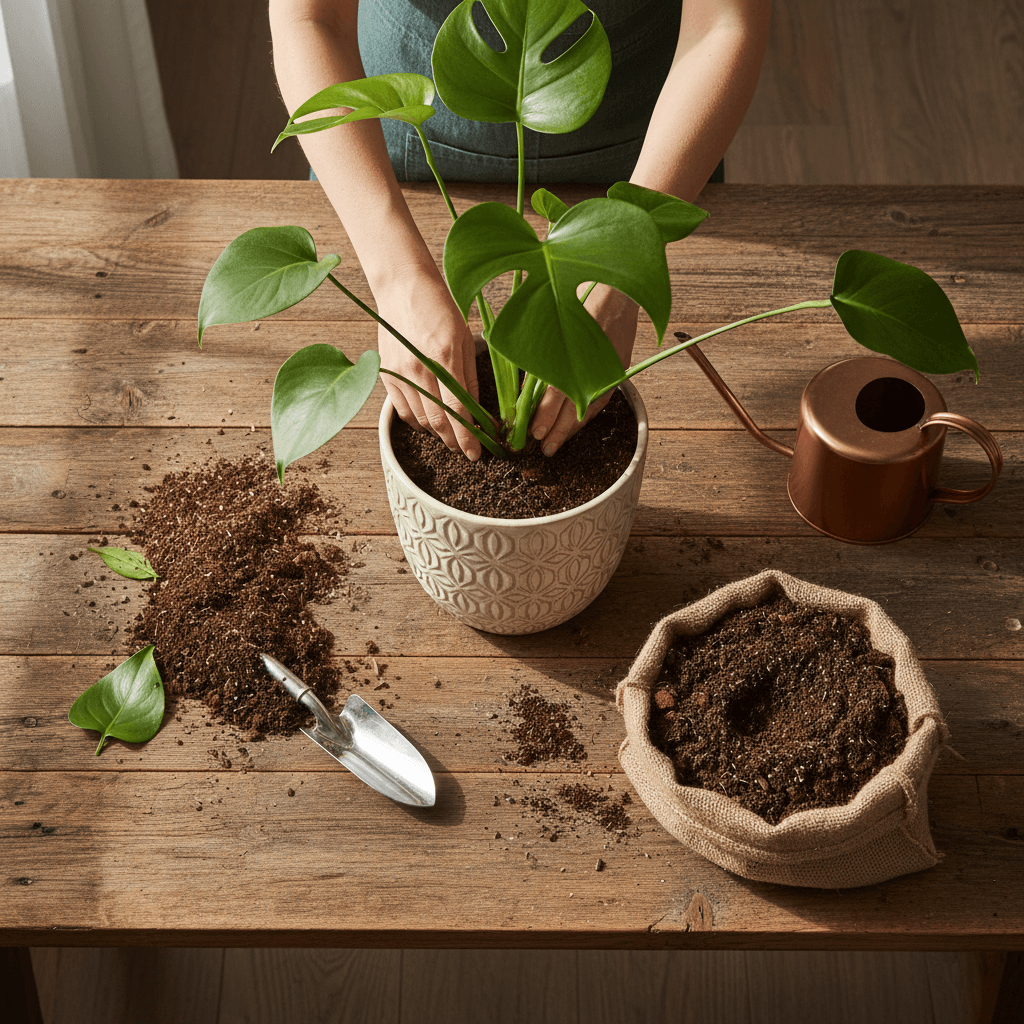Repotting plant into new pot