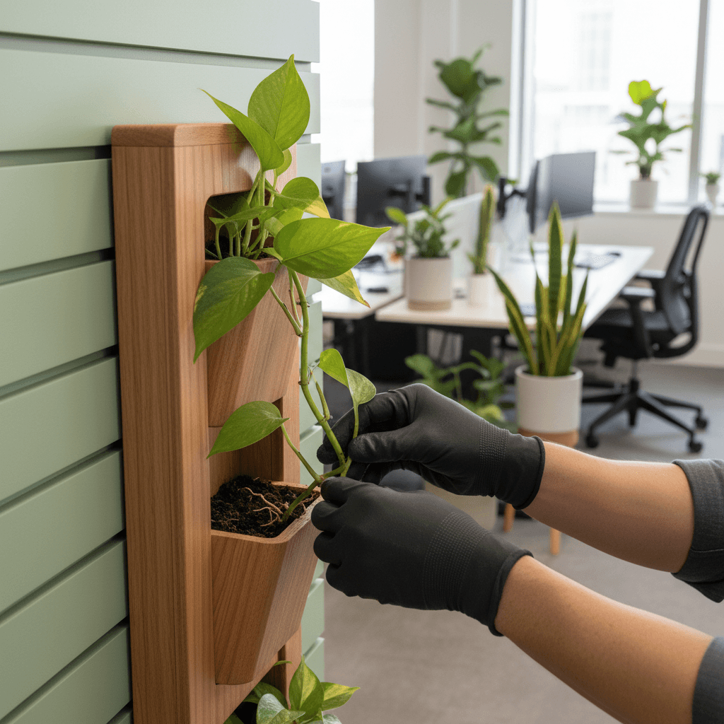 Close-up of a designer's hands installing a trailing pothos vine into an office wall planter
