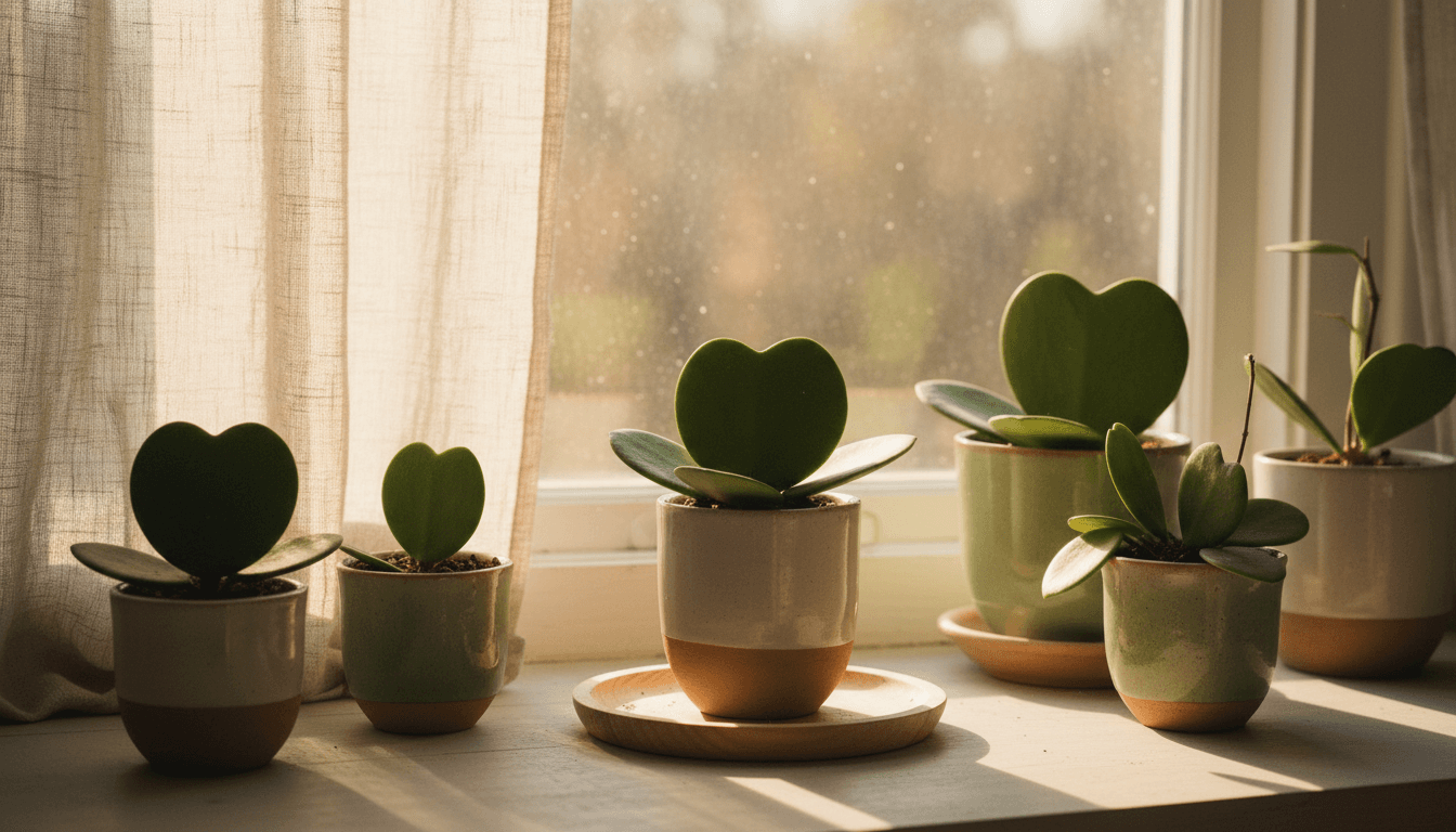 Heart-shaped Hoya Kerrii plants on a sunny windowsill with backlit leaves