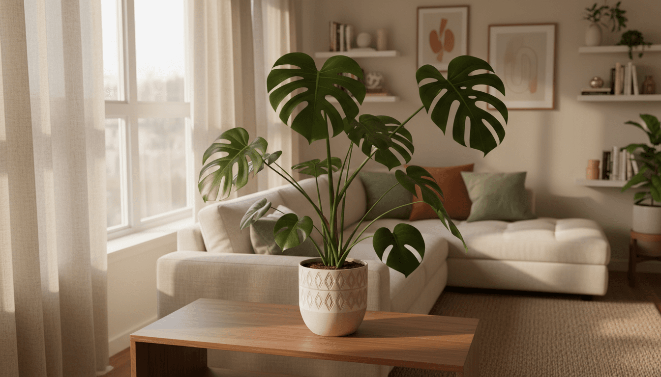 Monstera deliciosa in ceramic pot on console table with dappled morning light in Ottawa living room