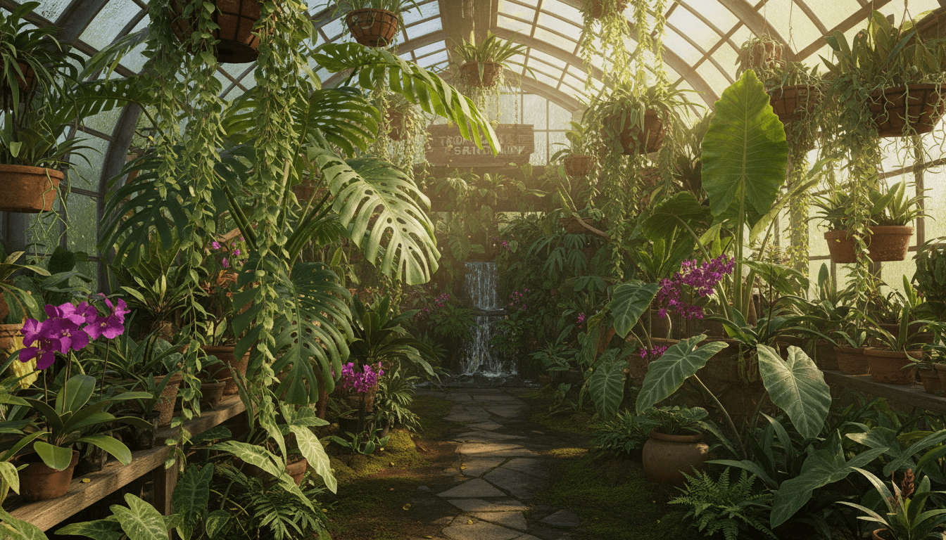 Lush indoor greenhouse with diverse rare tropical plants and warm natural light