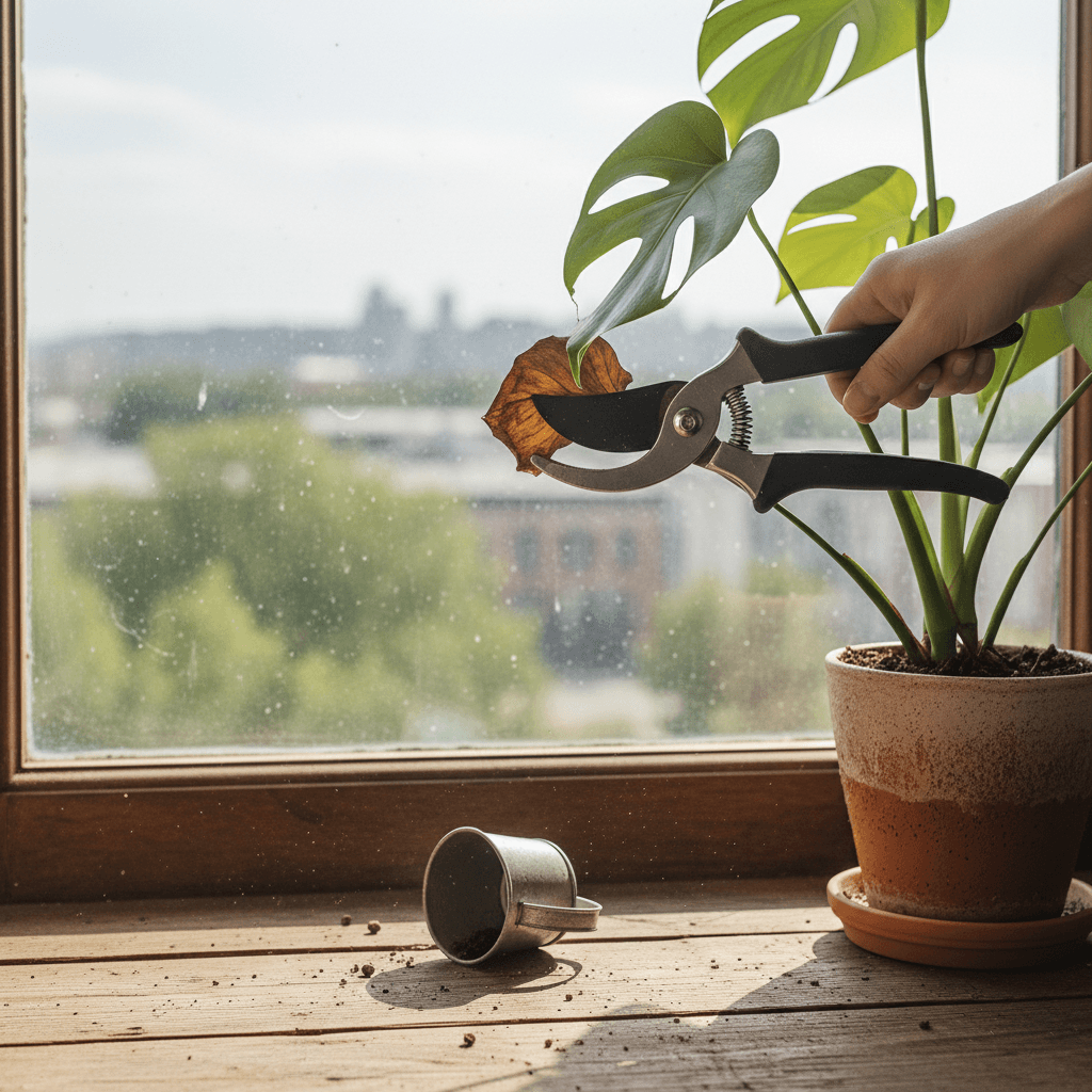 Pruning houseplant with shears