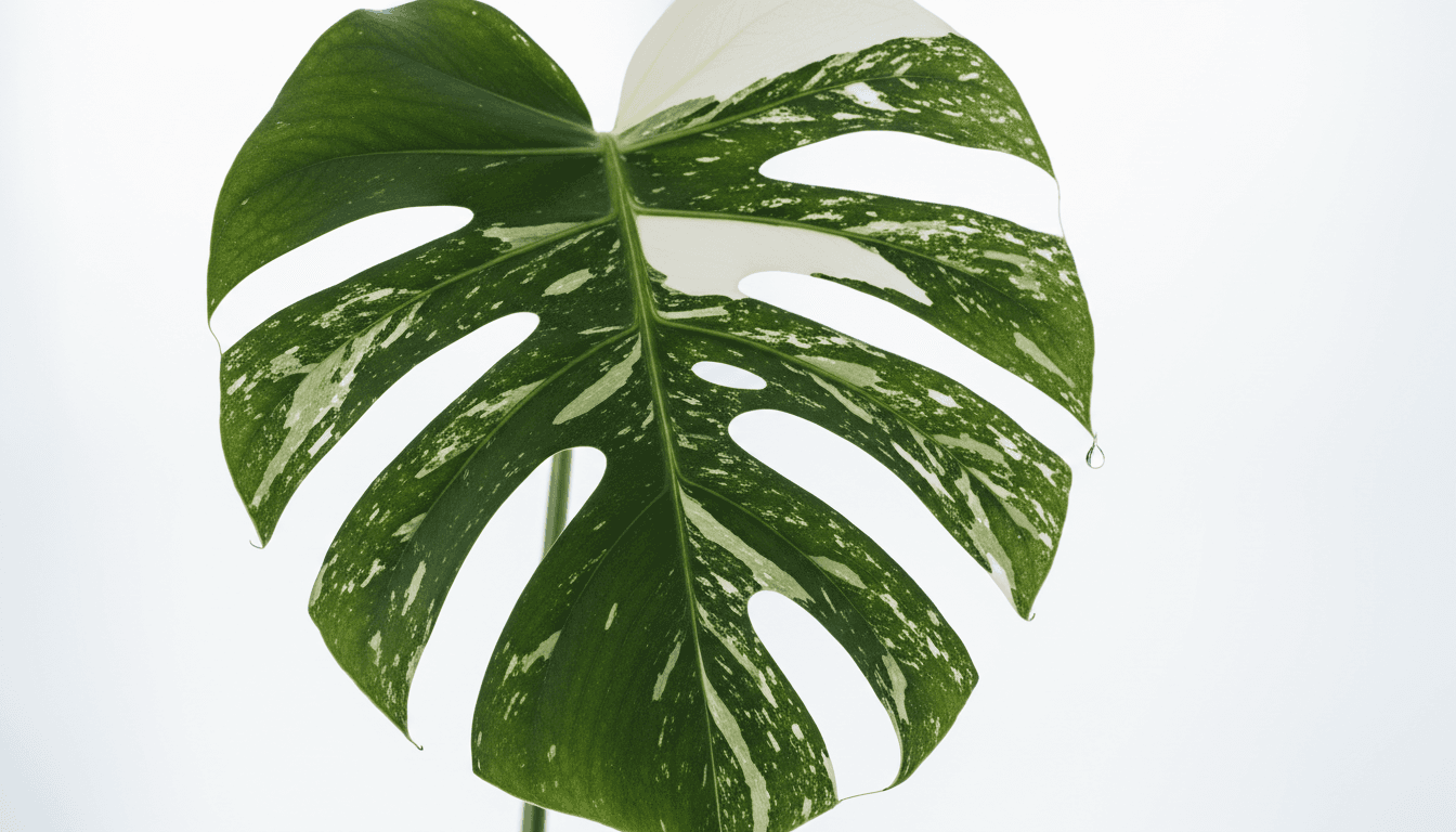 Variegated Monstera Albo leaf close-up showing white and green marbled pattern