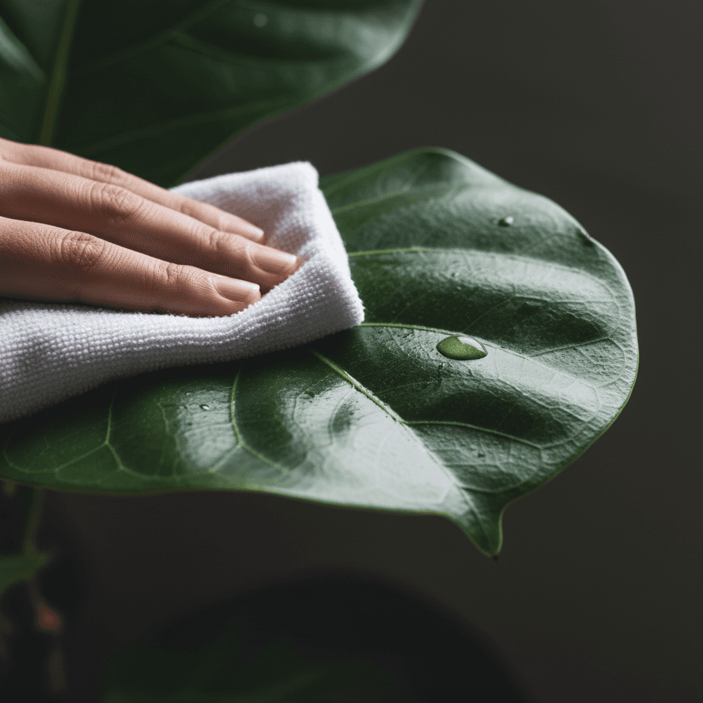 Close-up of cleaning a houseplant leaf with a damp cloth