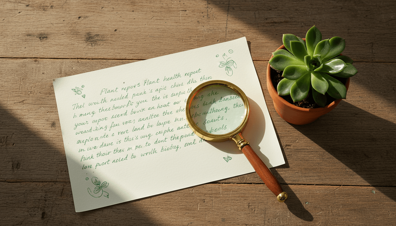 Overhead view of plant health report on a worktable with a magnifying glass and small potted plant