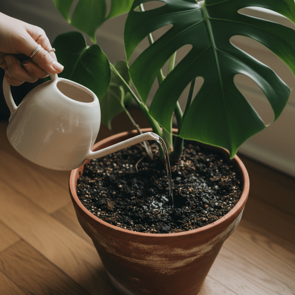 Hand watering a houseplant with a ceramic watering can