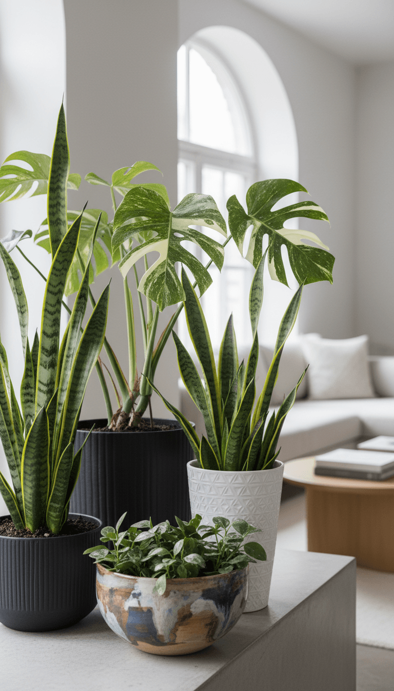 Indoor plant collection with designer pots
