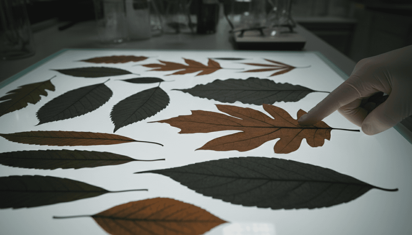 Close-up of botanical leaves on a light table with hand pointing to specimen
