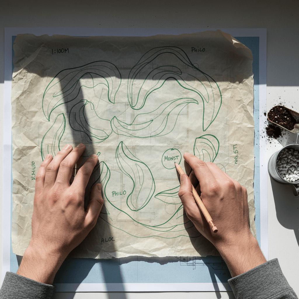 Designer sketching a bioliphic plant layout on tracing paper over a blueprint