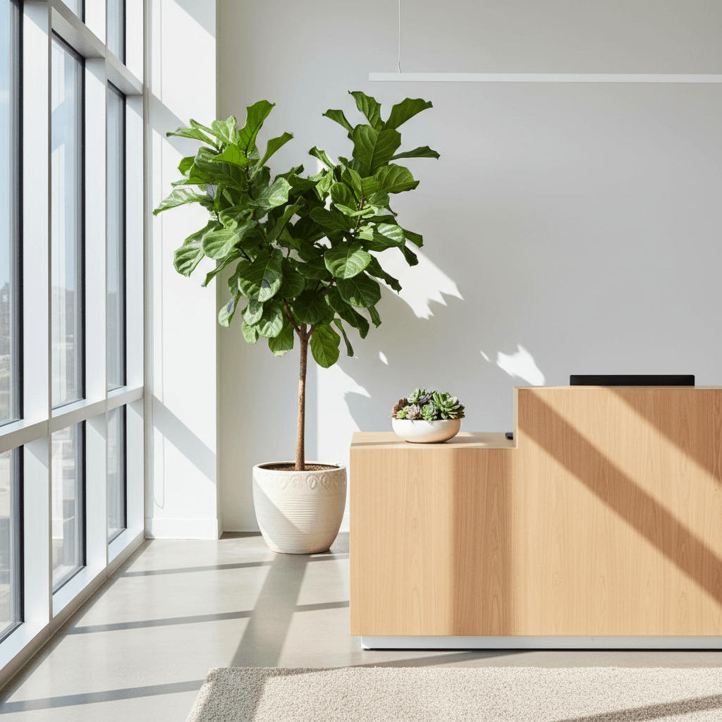 Modern office lobby with large fiddle-leaf fig tree and succulent arrangement