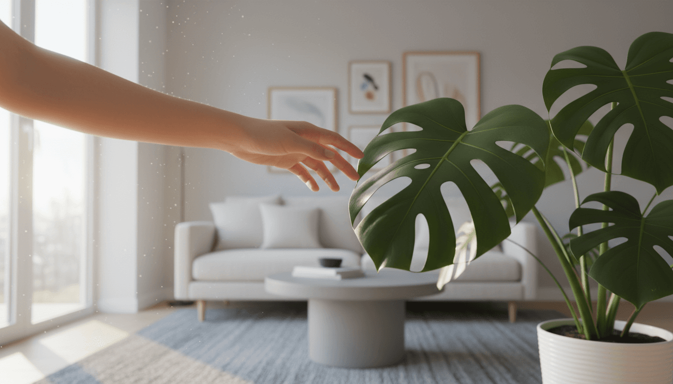 Person inspecting a green houseplant in a bright room