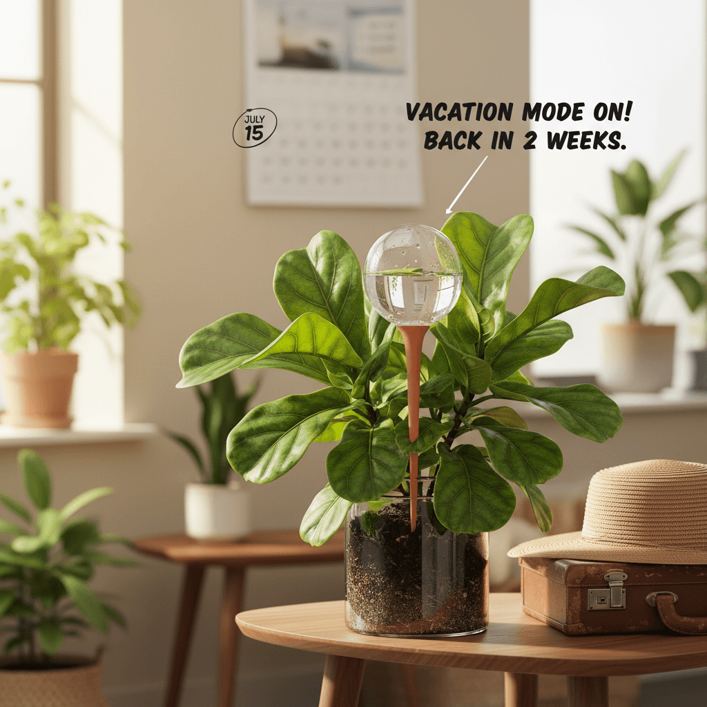 Plant with self-watering device