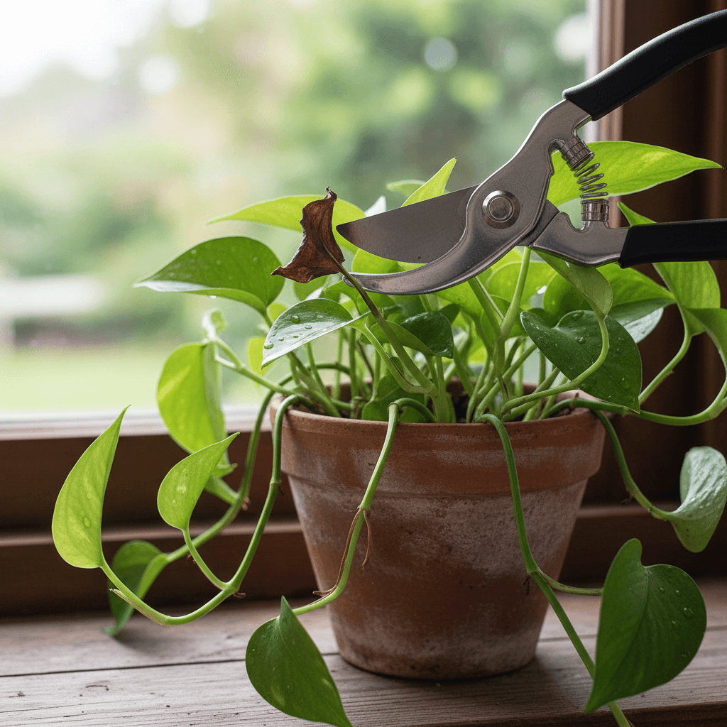 Pruning shears trimming a dried leaf from a Pothos plant