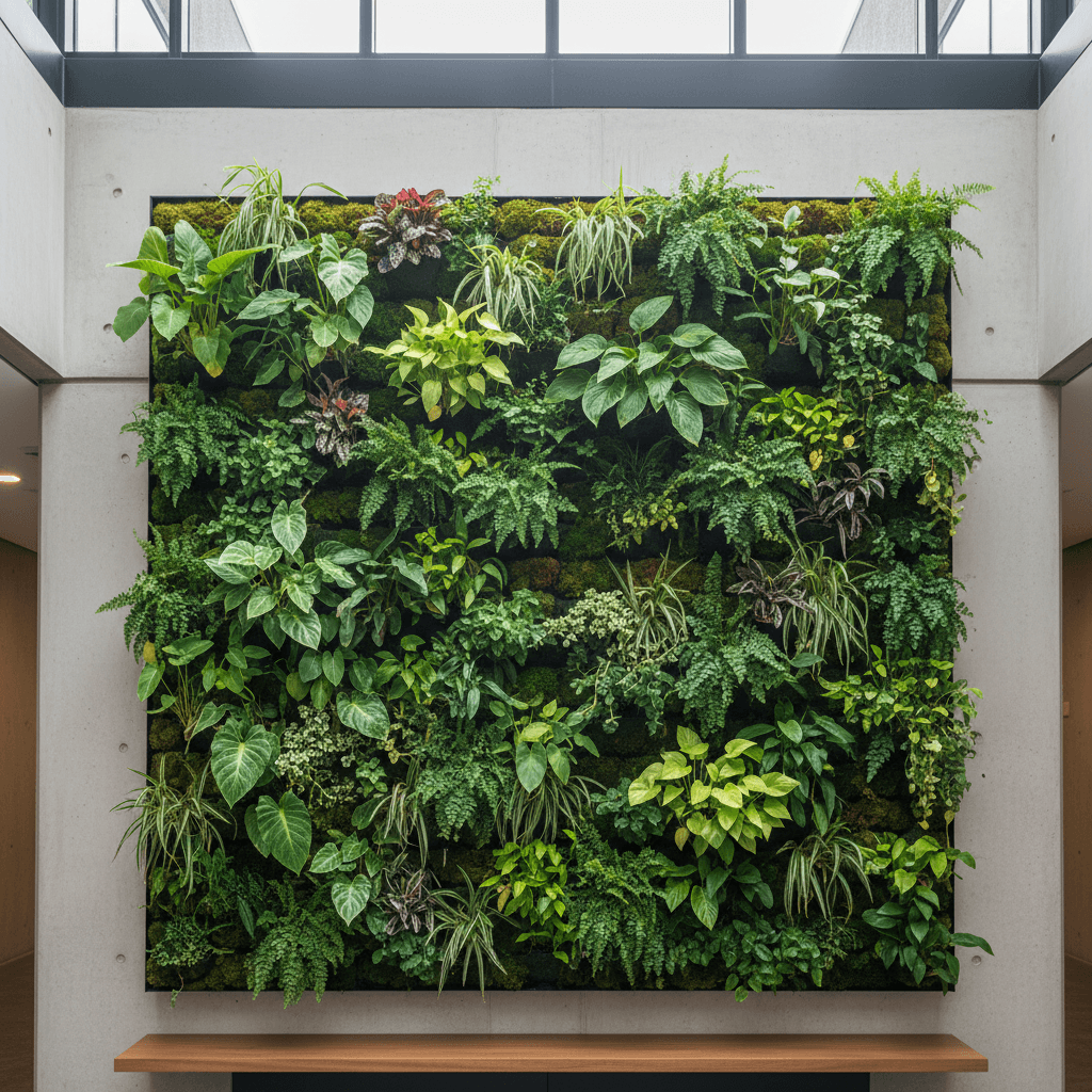 Living green wall with varied foliage