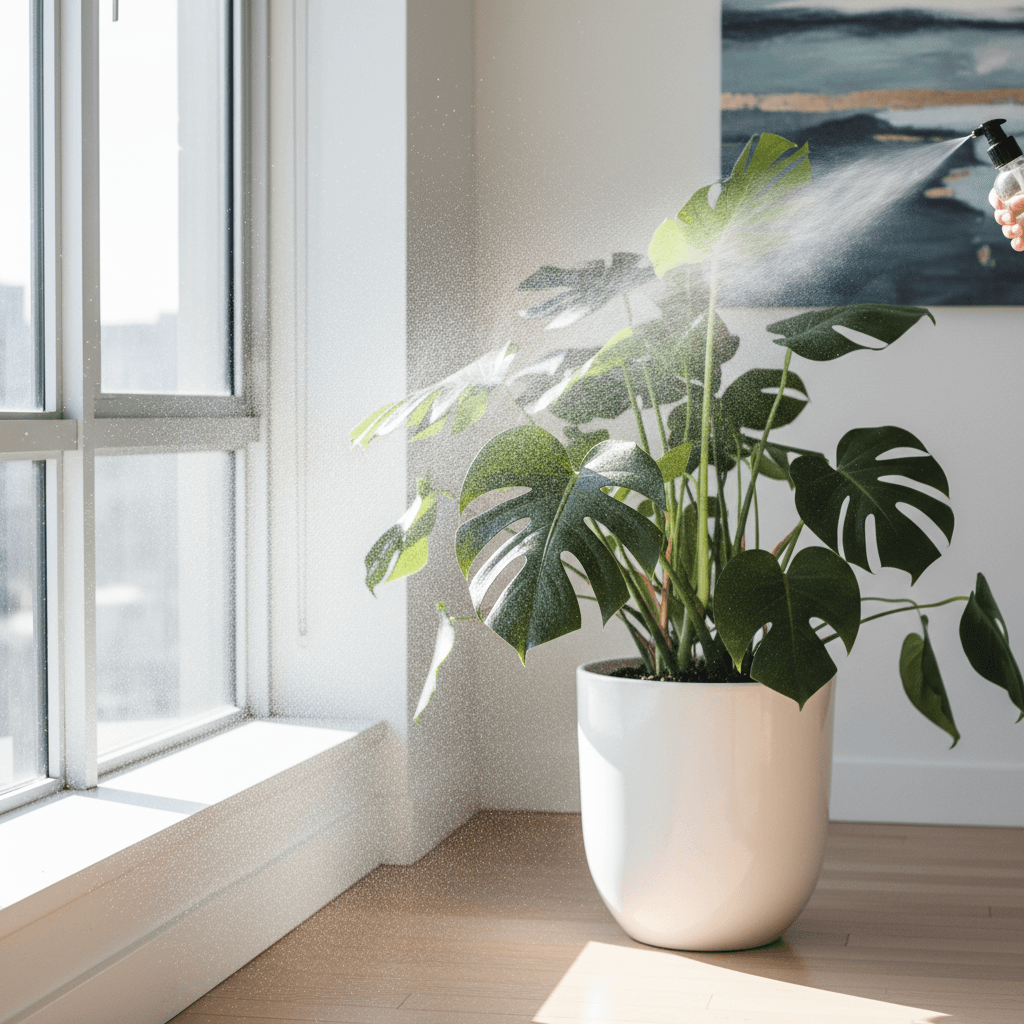 Fine mist sprayer applied to broad tropical leaves in a sunlit office corner