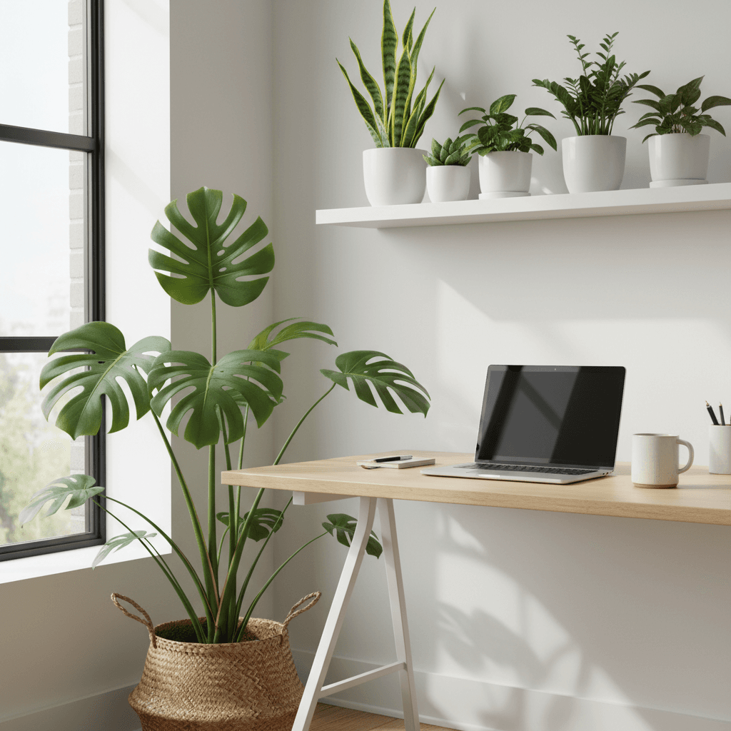 Corner office desk with monstera and small low-light plant collection