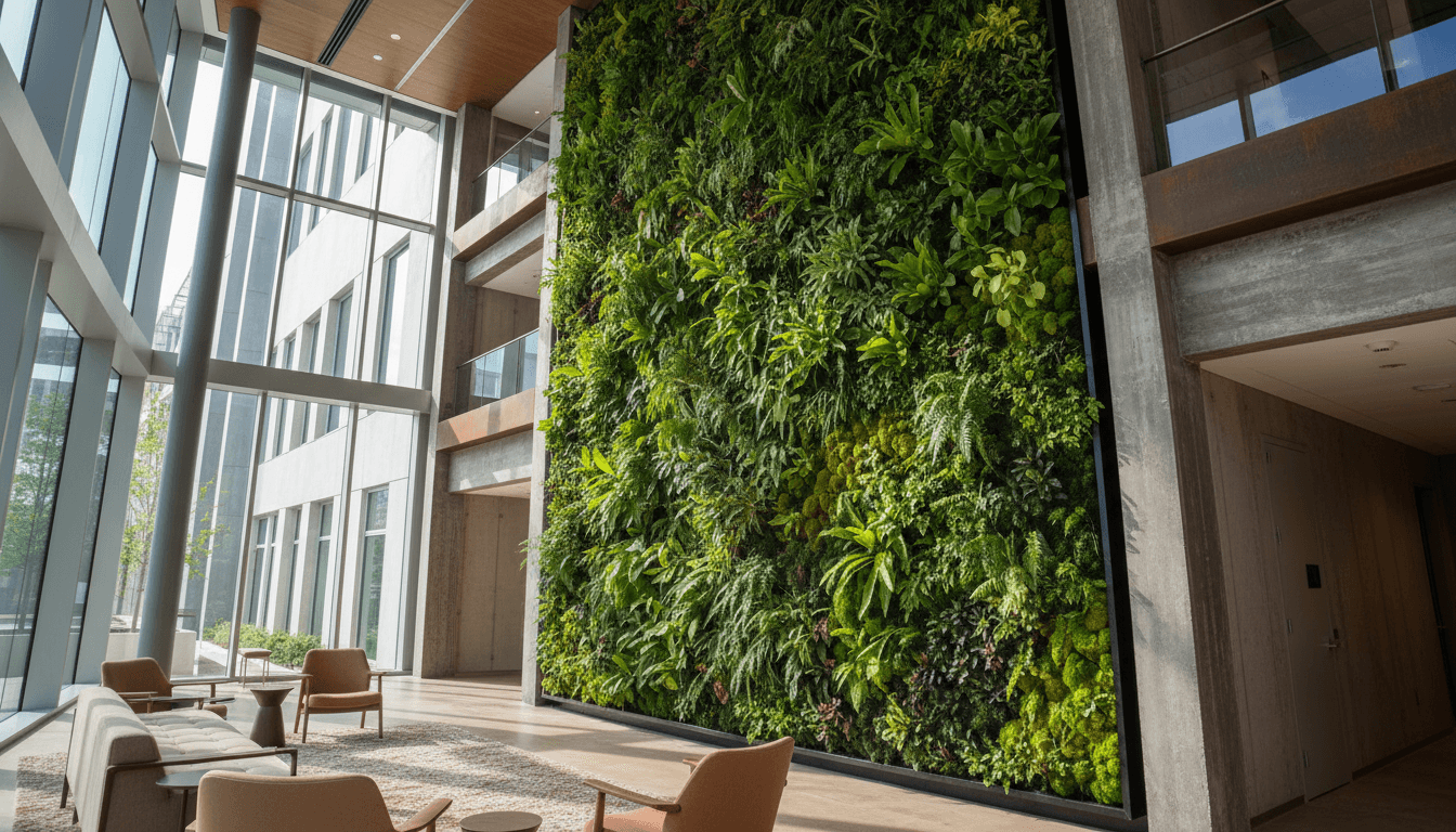 Corporate lobby with a floor-to-ceiling living wall of ferns and moss, soft natural light
