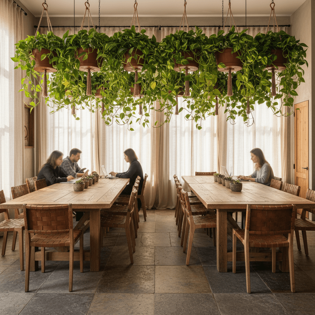 Open office collaboration area with hanging pothos plant installations