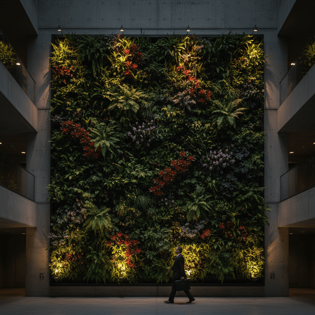 Three-story living wall in a commercial atrium at twilight