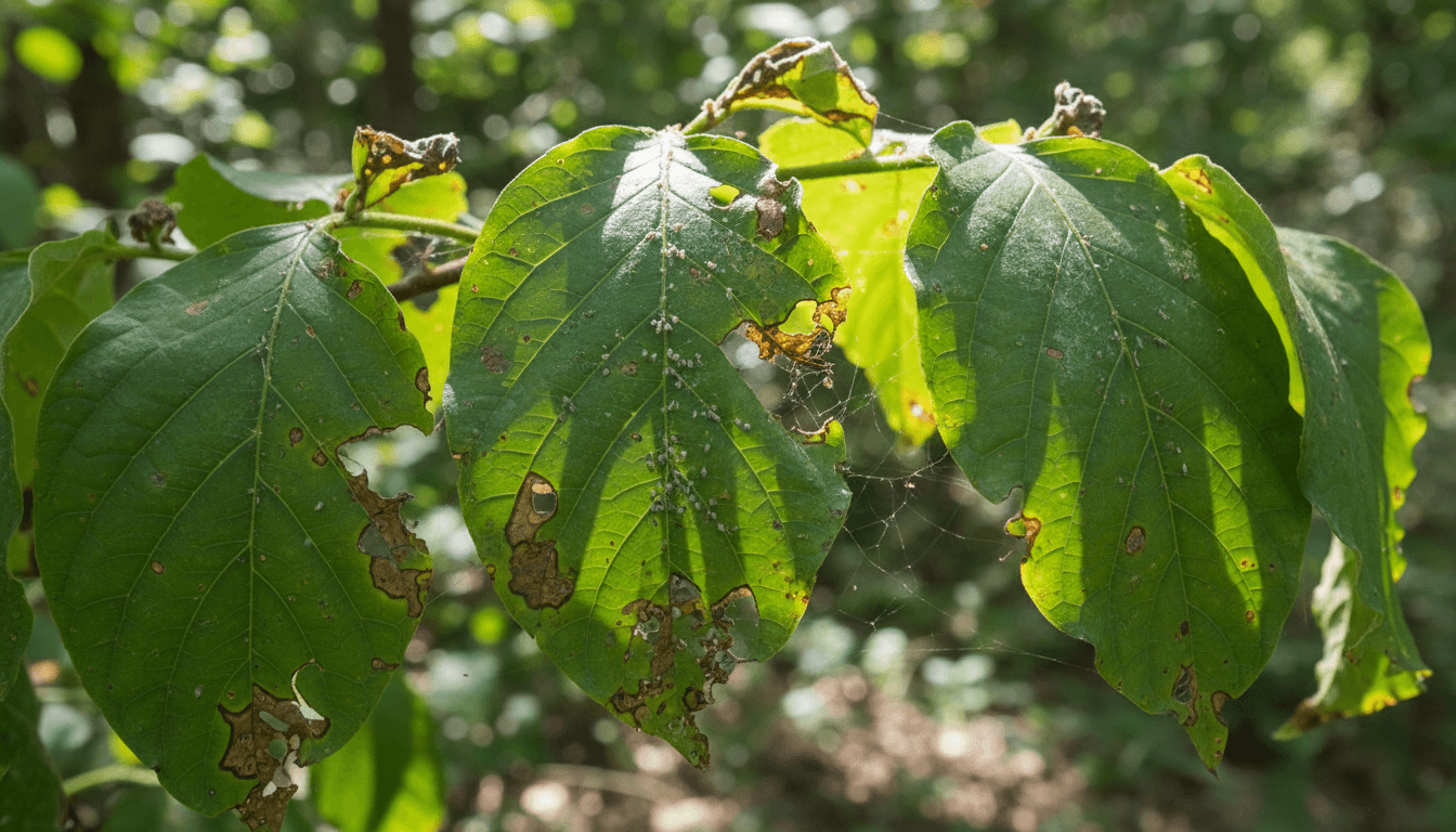 Close-up of a plant leaf with signs of pest damage