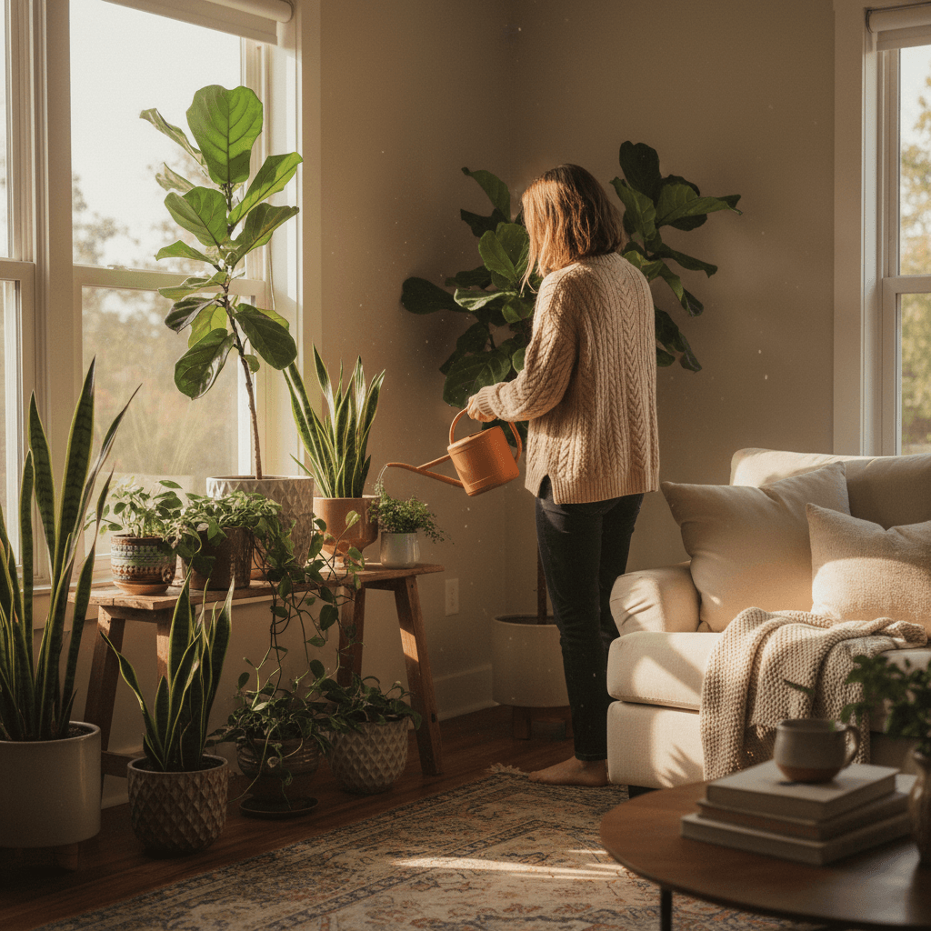 Person watering houseplants in living room