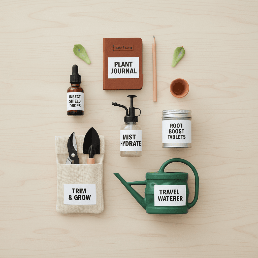Plant care supplies arranged for a travel care package